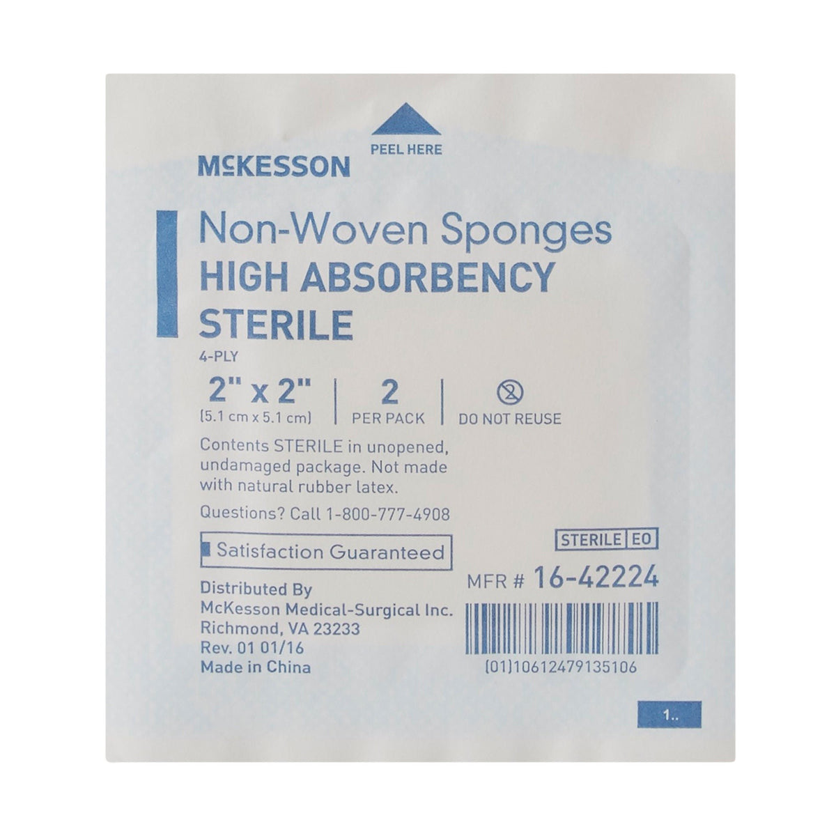 McKesson Nonwoven Sponge, Sterile, 2 x 2", 4-Ply, Polyester / Rayon, White - 16-42224 - LL Medico