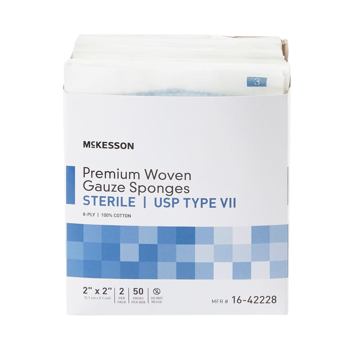 McKesson Gauze Sponge, Sterile, USP Type VII Gauze, White, 2 x 2", 8-Ply - 16-42228 - LL Medico