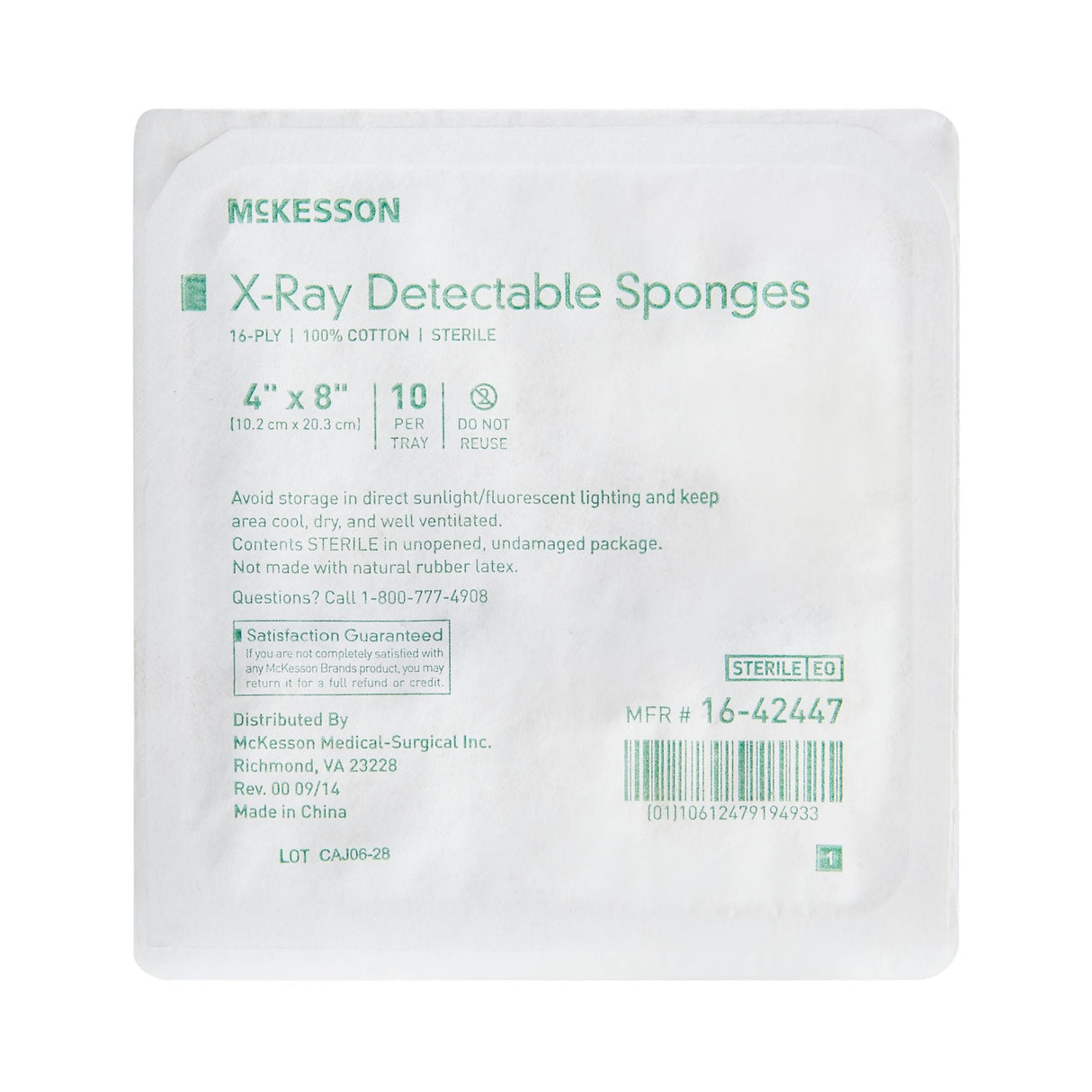 McKesson Sterile X-ray Detectable Gauze Sponge, 4 x 8 Inch, 16-Ply
