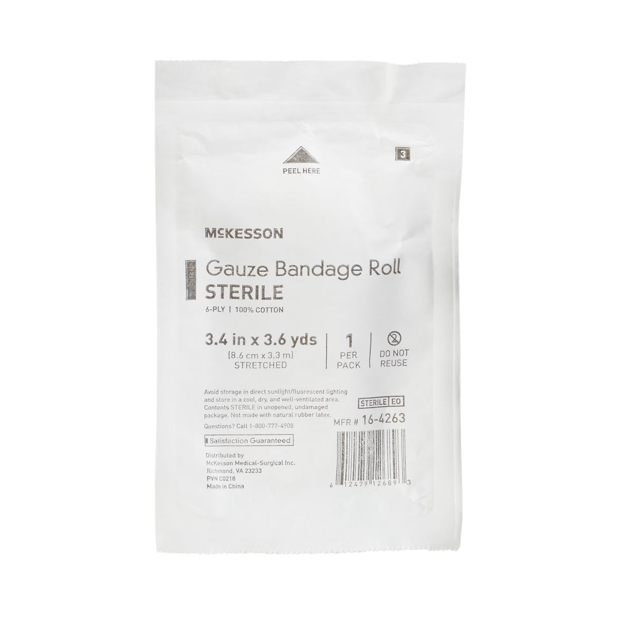 McKesson Gauze Bandage Roll Sterile, 6-Ply, 100% Cotton, 3.4 In x 3.6 Yds - 16-4263 - LL Medico