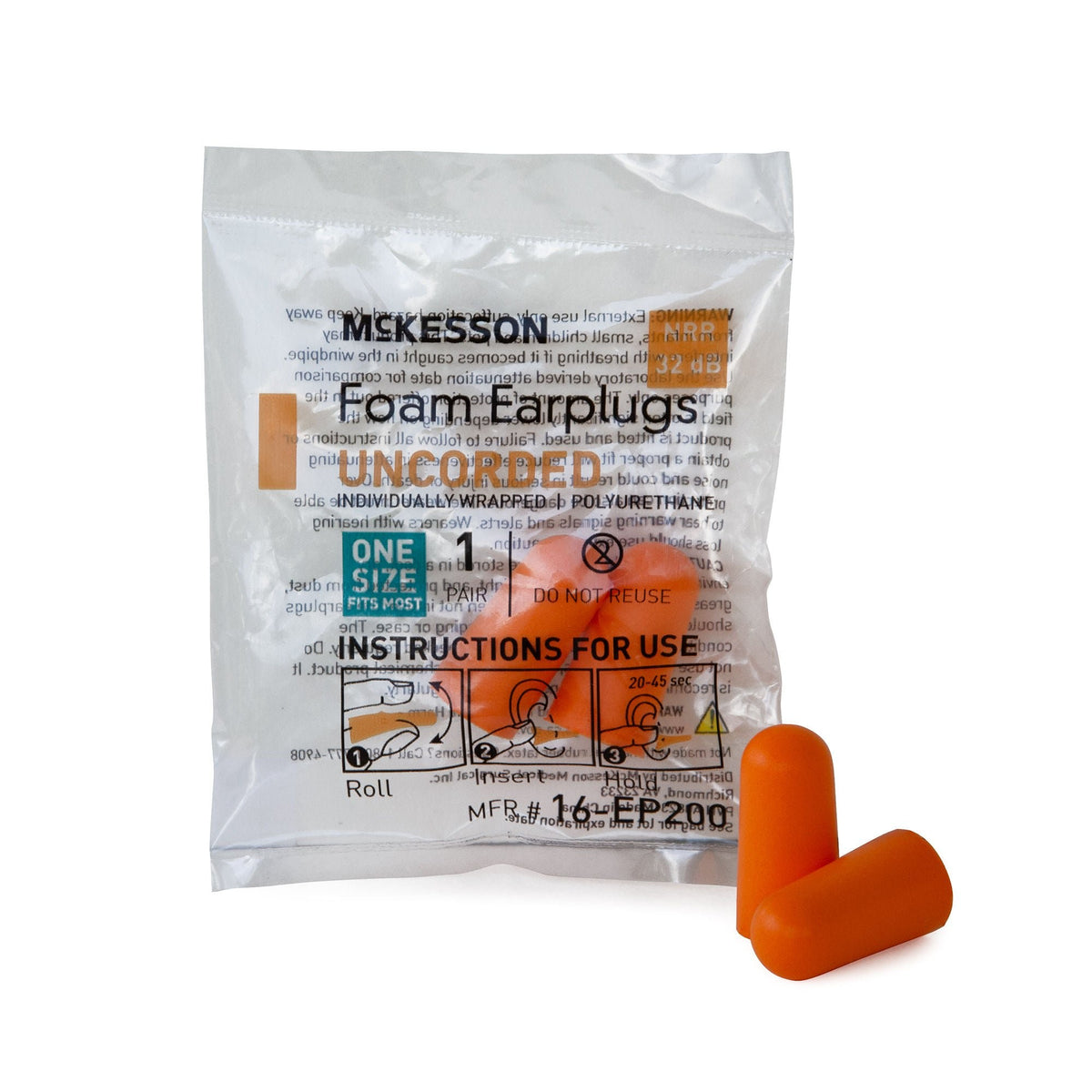 McKesson Uncorded Foam Ear Plugs, Orange, One Size Fits Most, 32 dB NRR - 16-EP200 - LL Medico