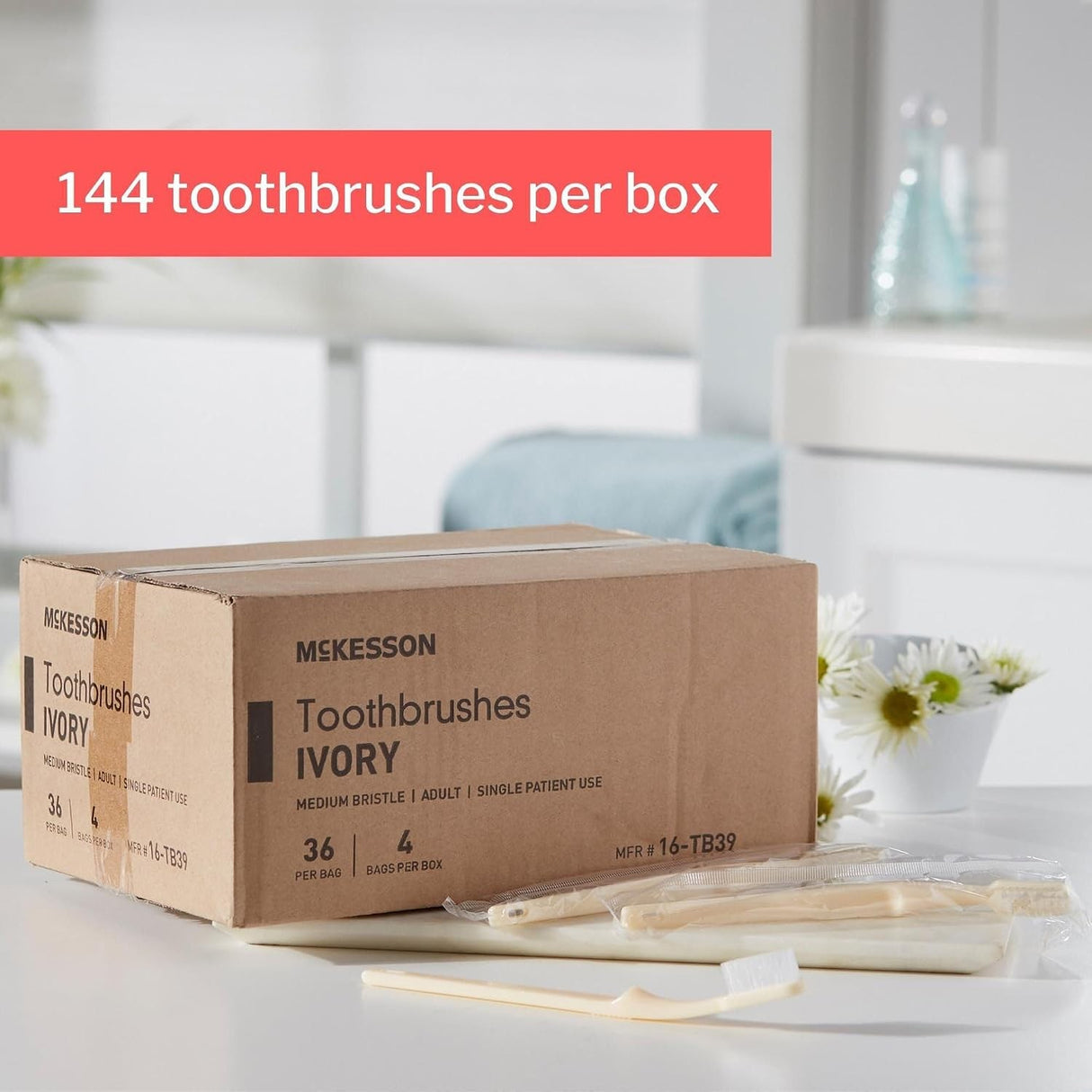 McKesson Toothbrush, Ivory, Adult Medium, Curved Handle