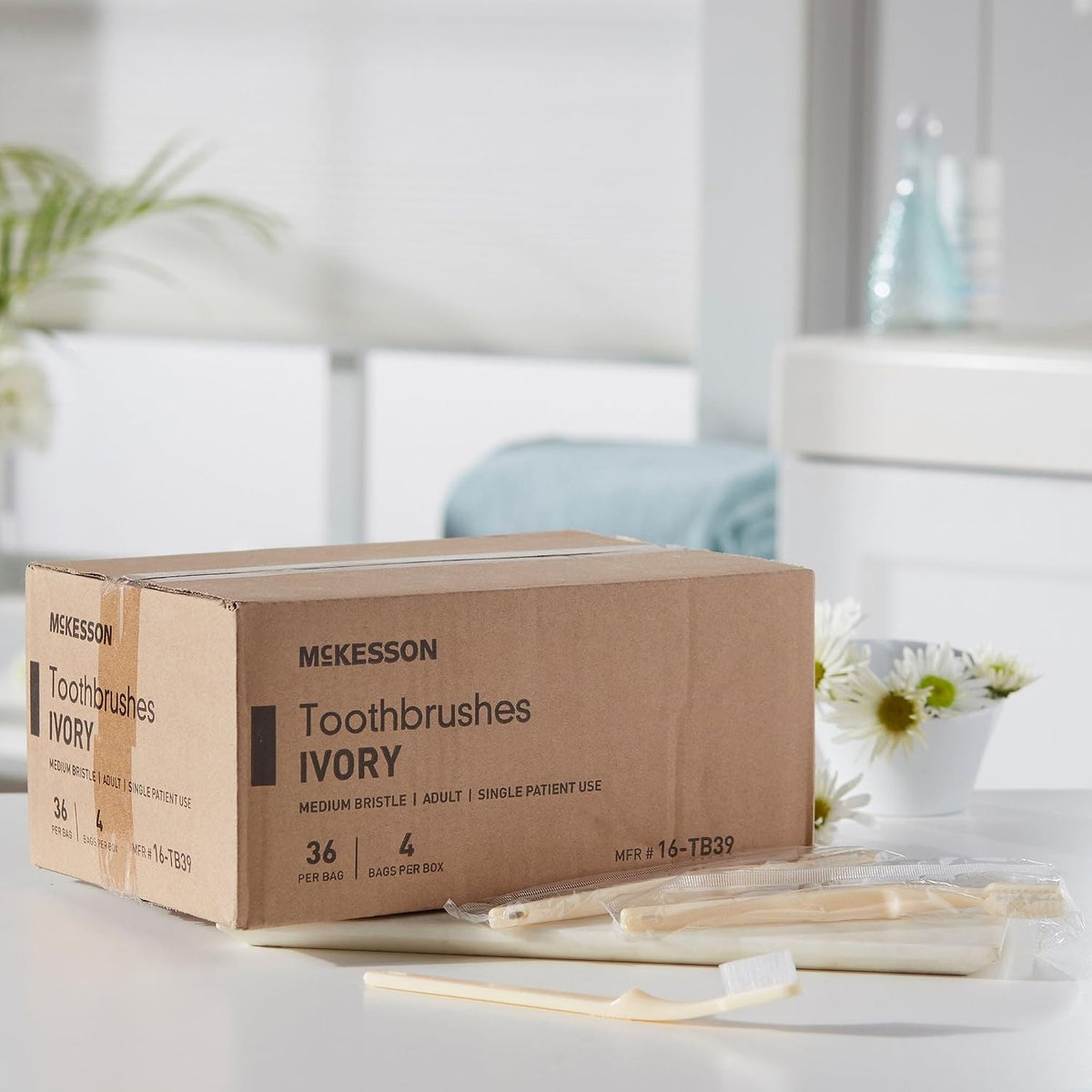 McKesson Toothbrush, Ivory, Adult Medium, Curved Handle
