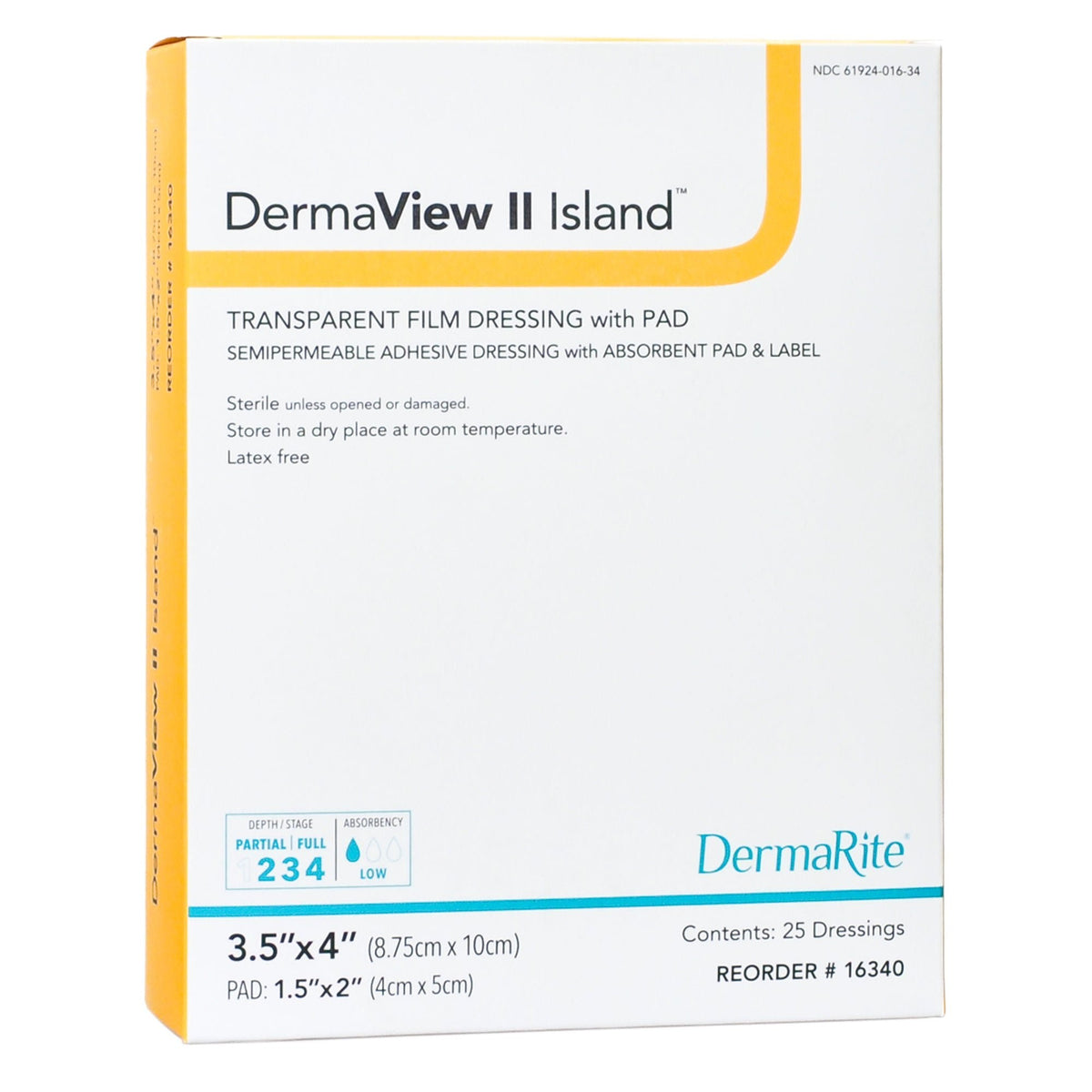 DermaView II Island Transparent Film Dressing with Pad, Frame Style, Rectangle, 3.5 x 4", Adhesive / Film, Sterile - 16340-Single - LL Medico