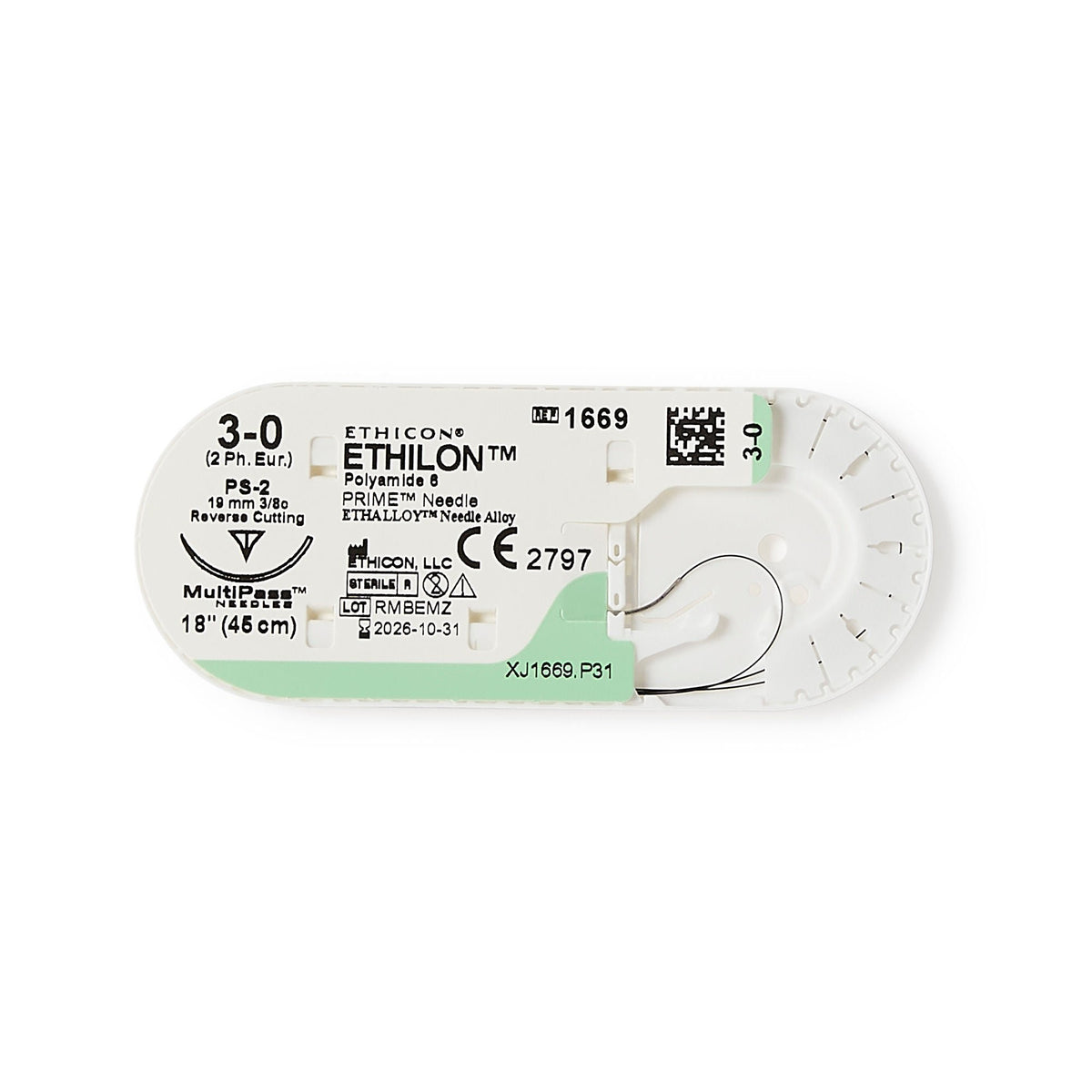 Ethilon Nonabsorbable Suture with Needle, Nylon Monofilament, Size 3-0, PS-2 0.375 Circle Precision Reverse Cutting Needle, Sterile - 1669H-Dozen - LL Medico