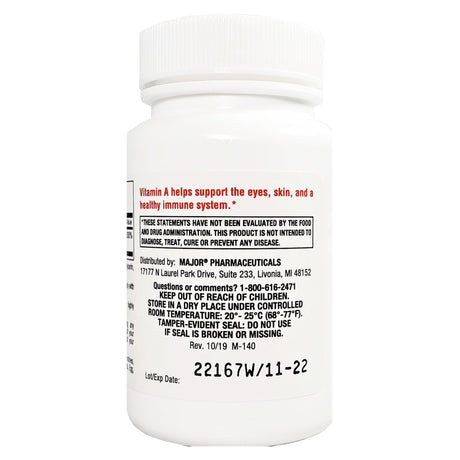 A white pill bottle labeled with dosage, manufacturer, storage instructions, and warnings. The label notes Major Vitamin A Supplement by Major supports vision, skin, and immune health. “Keep out of reach of children” is boldly printed.