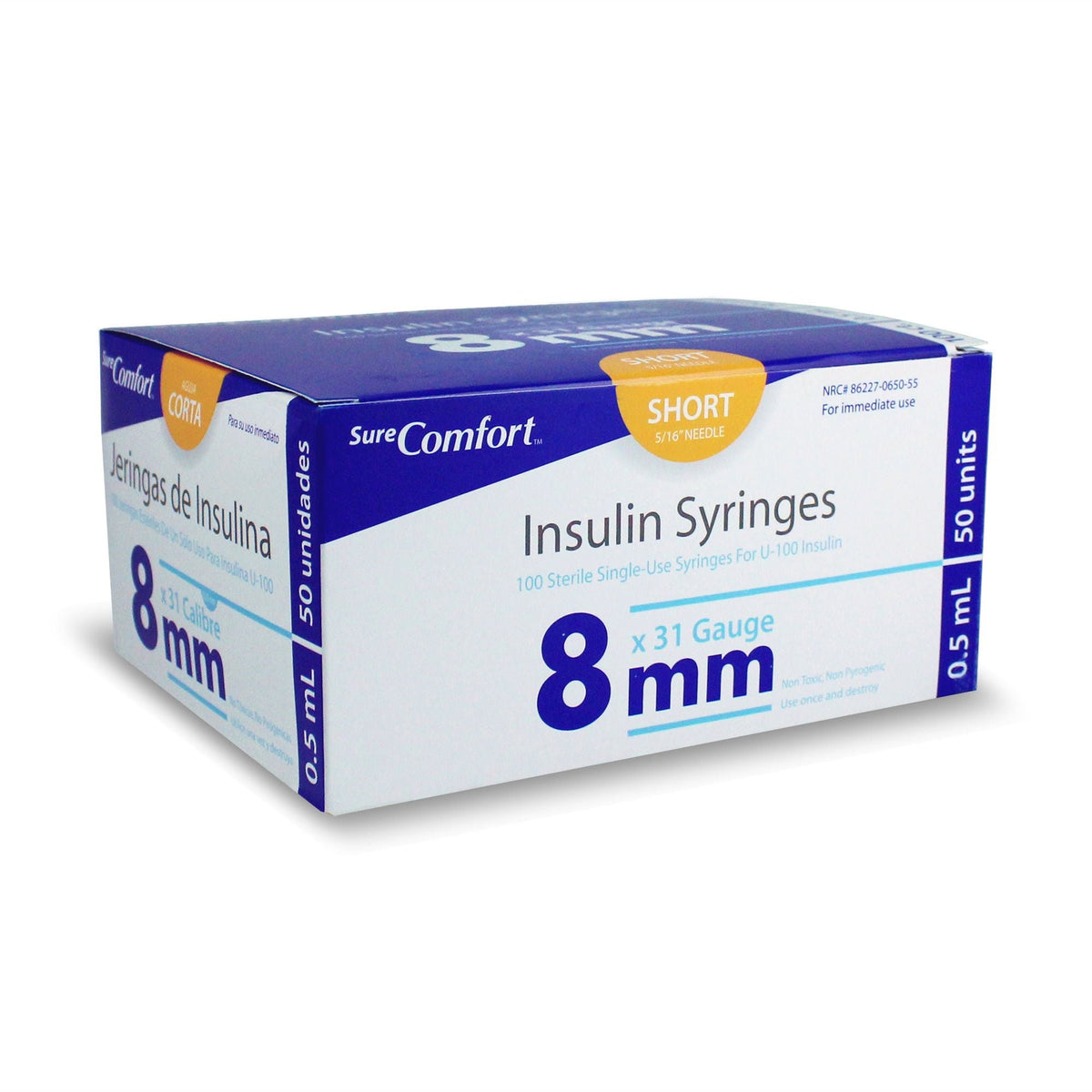 SureComfort Insulin Syringe with Needle, 0.5 mL, 31 Gauge, 0.313" - 22-6505 - LL Medico