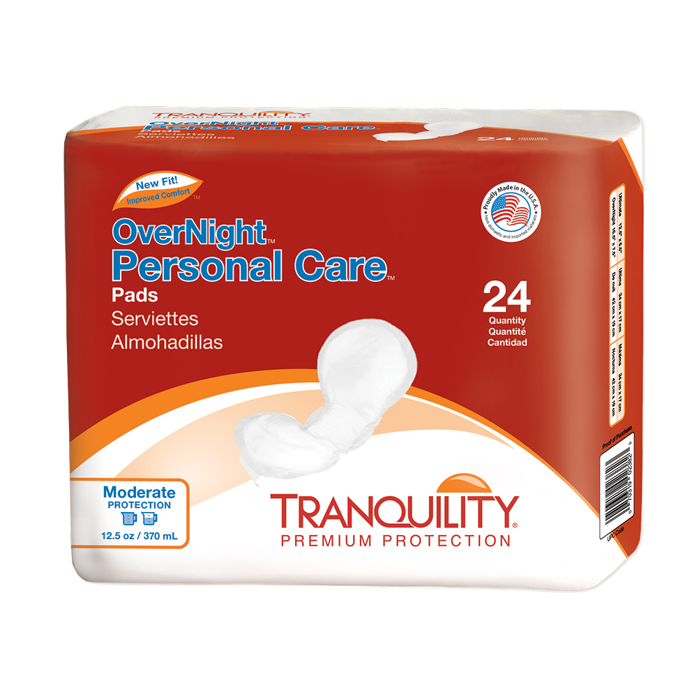 Tranquility Personal Care Pads by Tranquility provide 24 absorbent pads for moderate, discreet protection, with English, French, and Spanish text displayed on a red and white package.