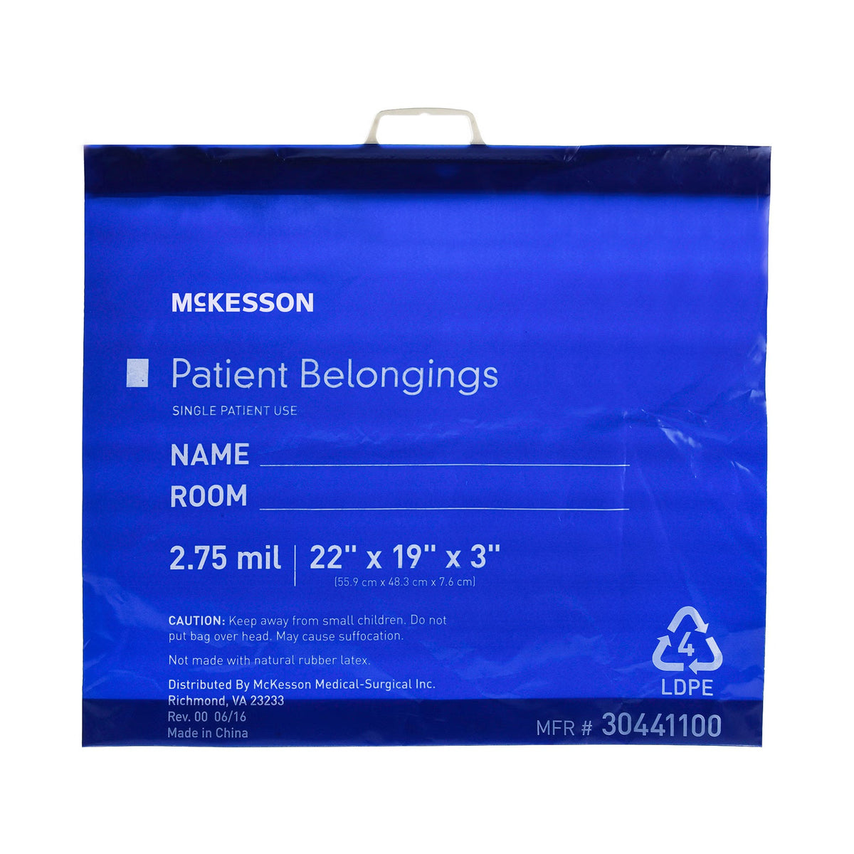 McKesson Medi-Pak Performance, Patient Belongings Bag, 3 x 19 x 22", Polyethylene, Snap Closure, Blue - 30441100 - LL Medico
