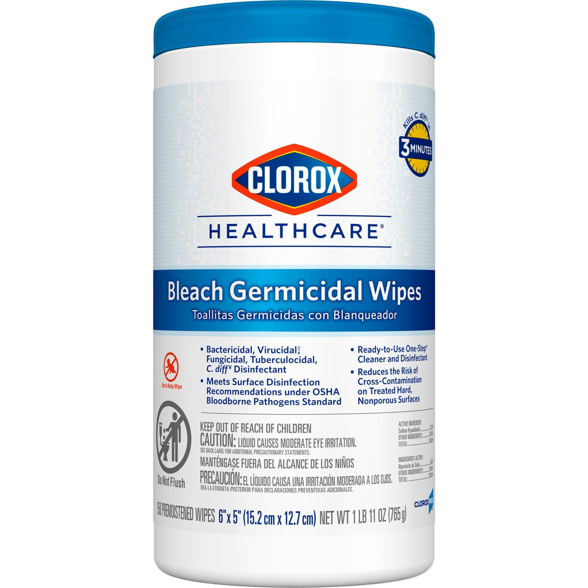 Clorox Healthcare Bleach Germicidal Wipes, Premoistened Surface Disinfectant Cleaner, Nonsterile, Canister - LL Medico