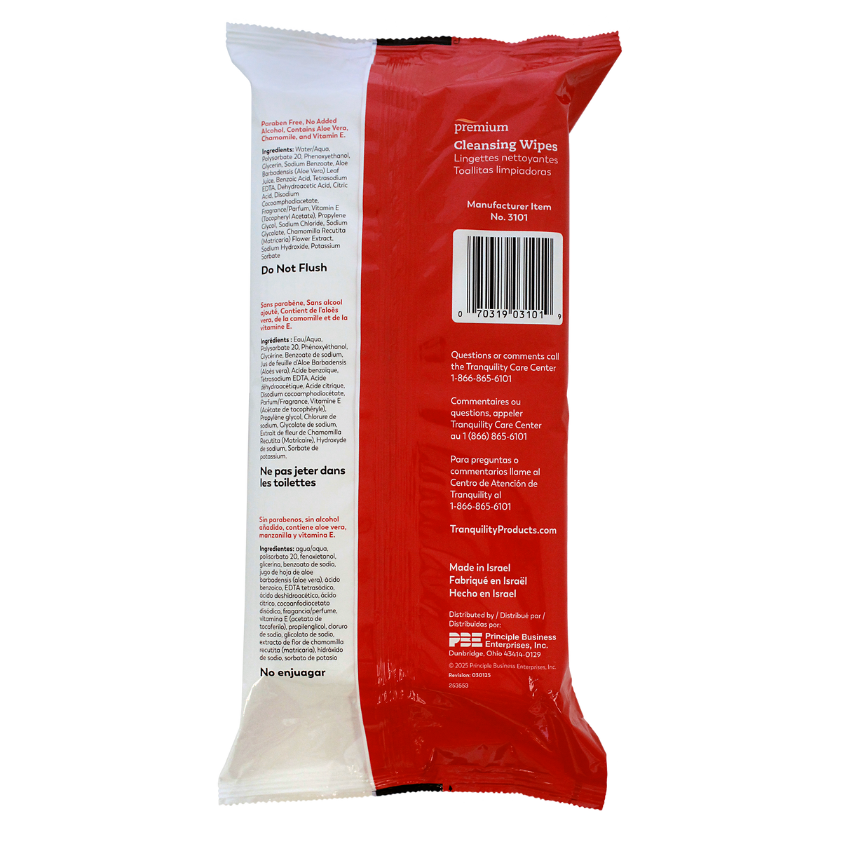 The back of a Tranquility Cleansing Wipes with Aloe package displays product info, usage warnings in several languages, Tranquility brand details, contact info, a barcode, and icons showing disposal instructions.