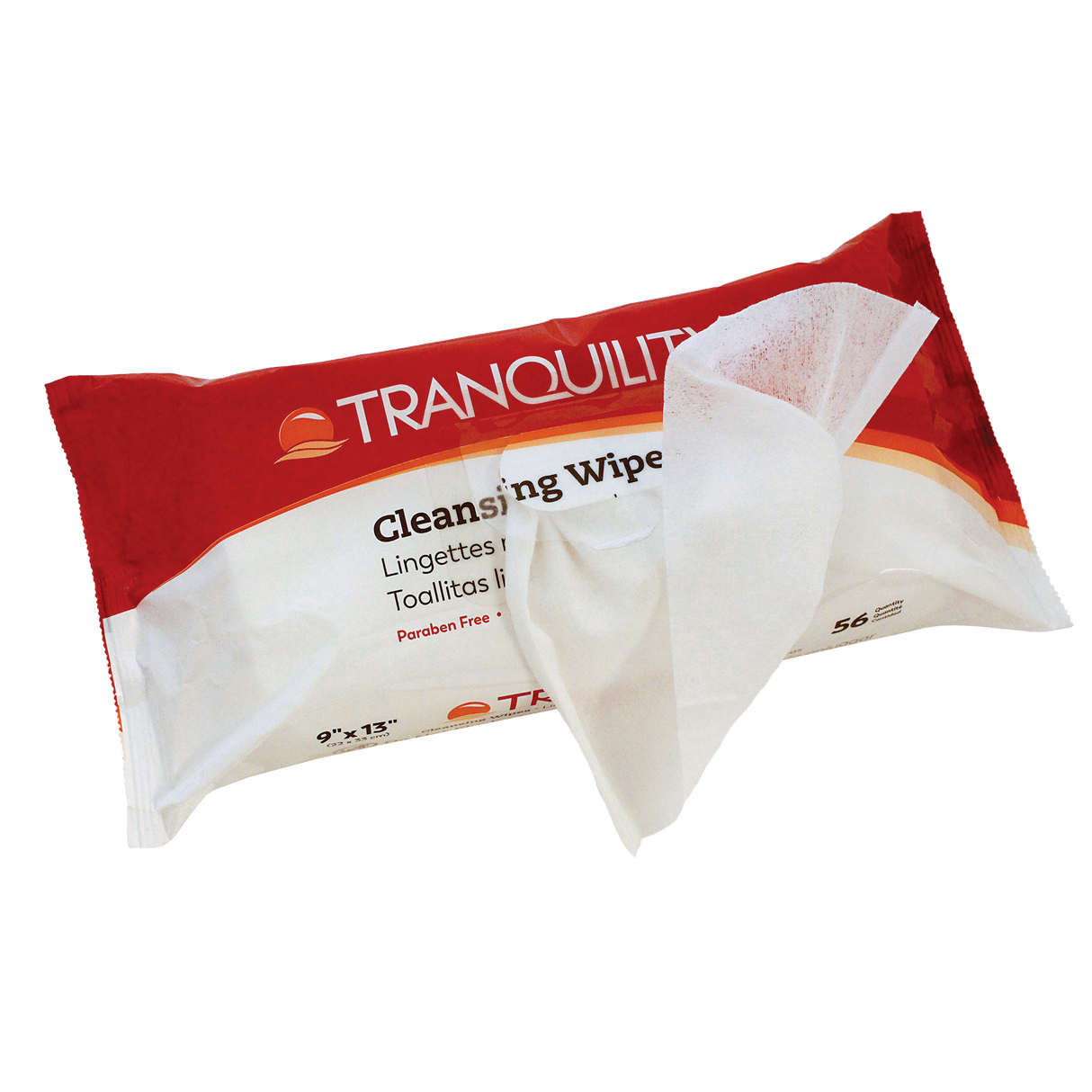 A pack of Tranquility Cleansing Wipes with Aloe, featuring one white wipe partially pulled from the red and white packaging; labeled in English and French, these wipes from Tranquility offer gentle cleansing care.