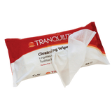 A pack of Tranquility Cleansing Wipes with Aloe, featuring one white wipe partially pulled from the red and white packaging; labeled in English and French, these wipes from Tranquility offer gentle cleansing care.