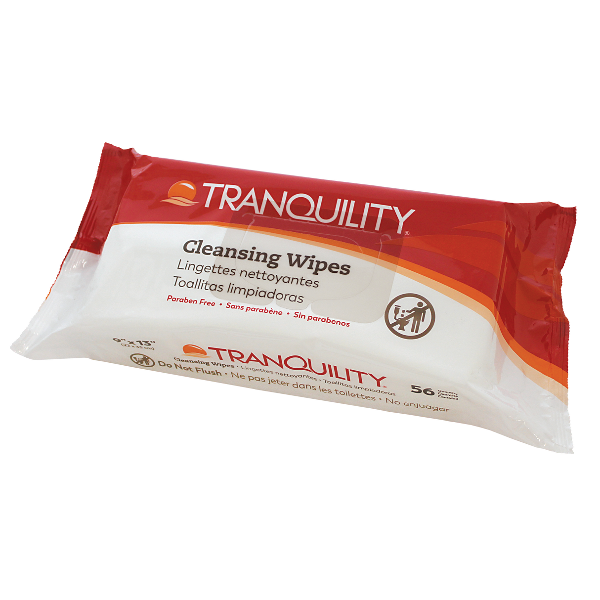 A package of Tranquility Cleansing Wipes with Aloe—paraben free, red and white packaging, 56 wipes. Label text in English, French, and Spanish.