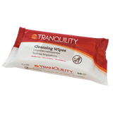 A package of Tranquility Cleansing Wipes with Aloe—paraben free, red and white packaging, 56 wipes. Label text in English, French, and Spanish.