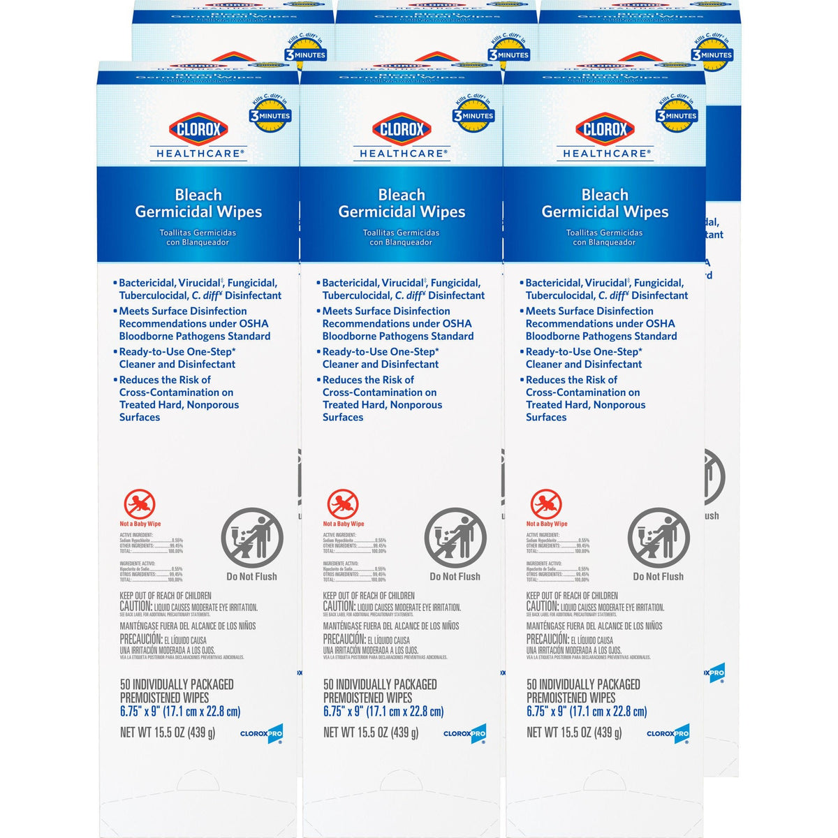 Clorox Healthcare Bleach Germicidal Wipes, Premoistened Surface Disinfectant, Individual Packets, Fruity Floral Bleach Scent, Nonsterile, 6.75" x 9" - 31424 - LL Medico