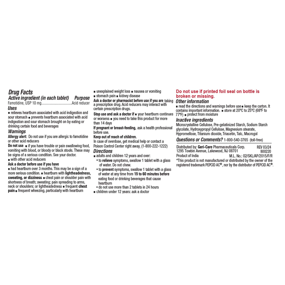 Geri-Care Famotidine Acid Reducer, 10 mg, Tablet - 317-03-GCP - LL Medico