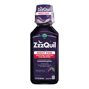 Vicks ZzzQuil Night Pain Nighttime Sleep-Aid Pain Reliever Liquid, Midnight Berry, 12 fl oz - 32390004089 - LL Medico
