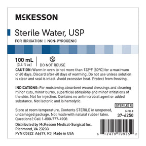 McKesson Sterile Water Irrigation Solution, 100 mL Bottle, Sterile, Not for Injection - 37-6250 - LL Medico