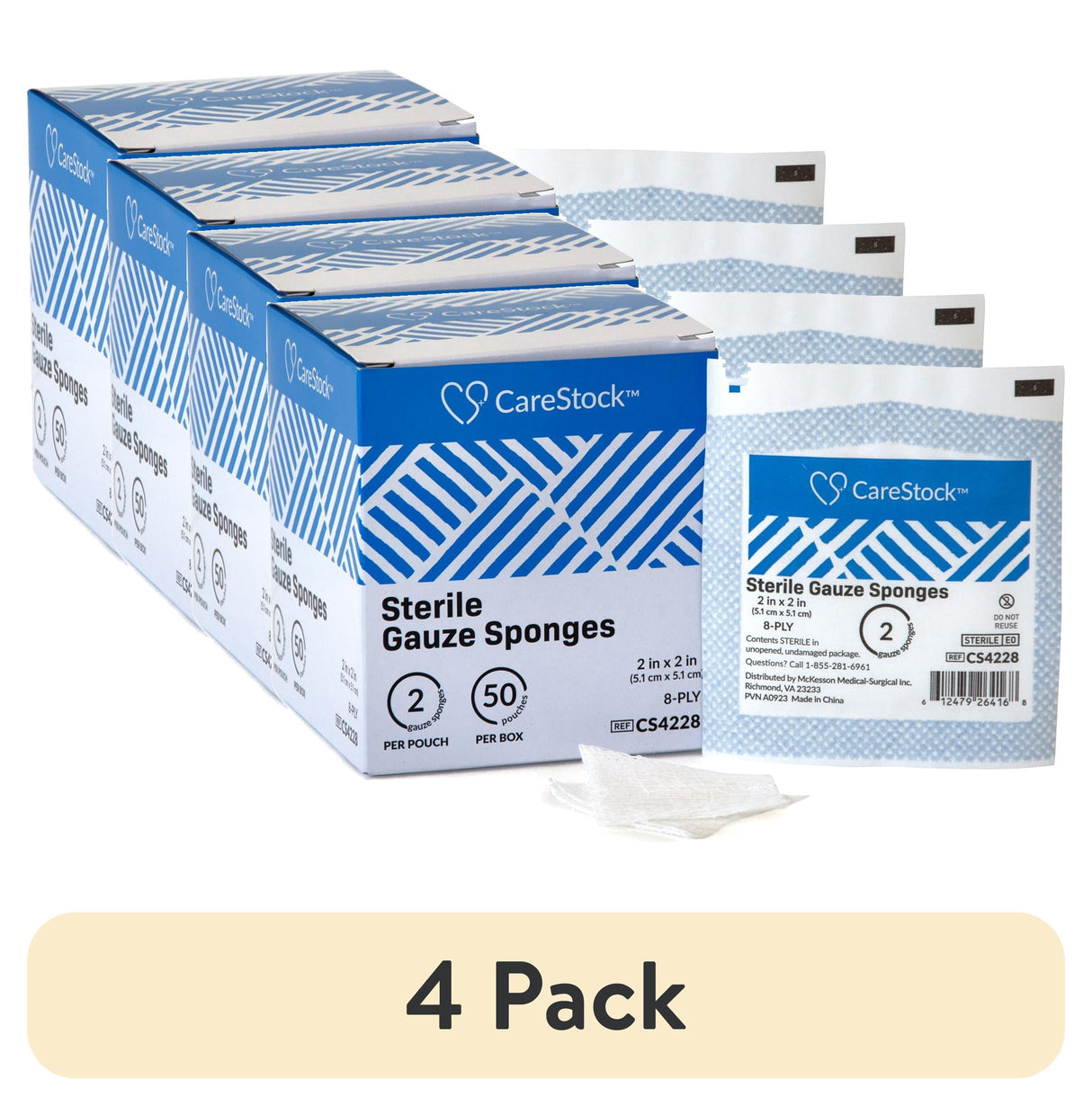 CareStock Gauze Sponge, 4 x 4 in. 8-Ply, Medical-Grade Cotton Wound Dressing