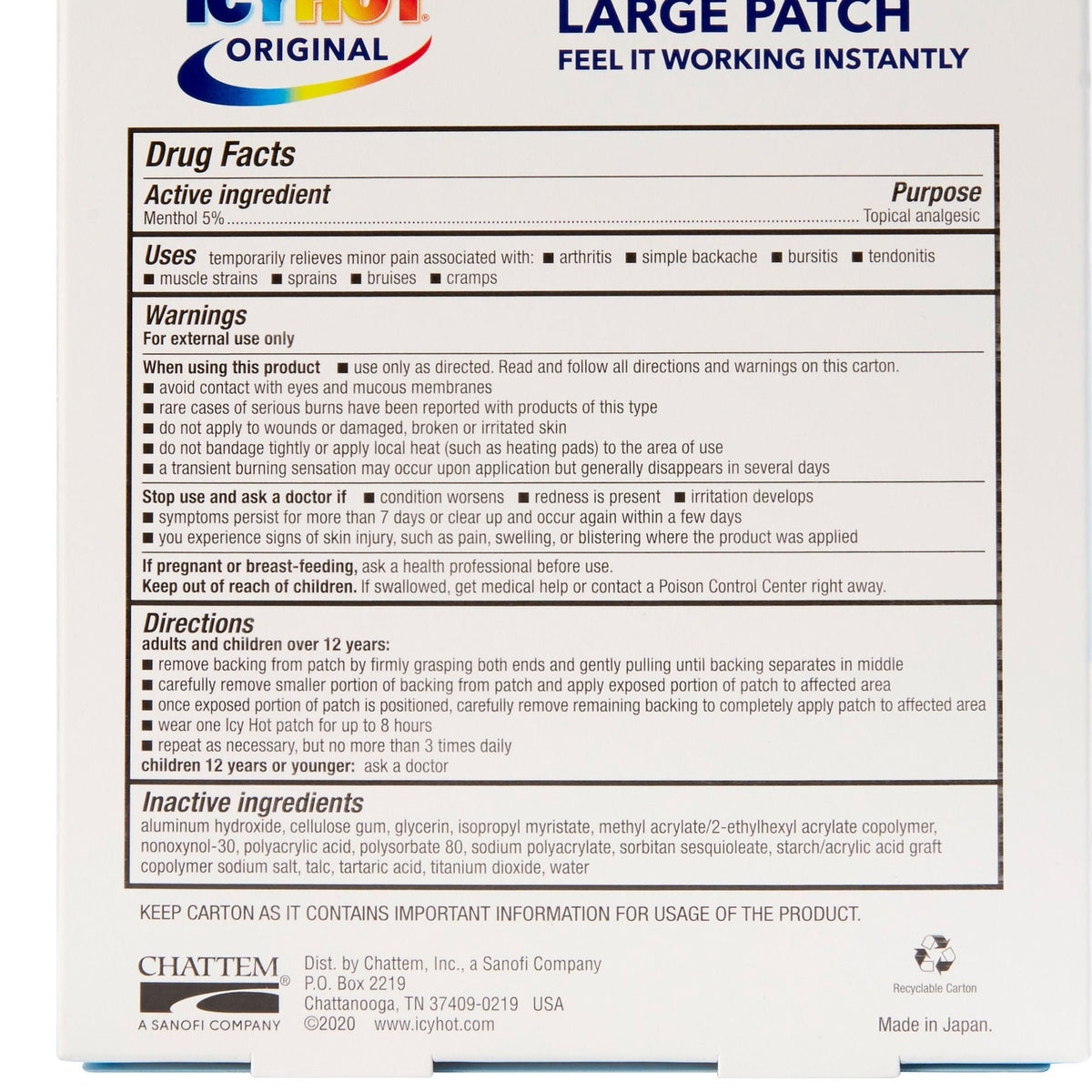 Icy Hot Original Pain Relief Patch, Menthol 5%, Large - 41167004843 - LL Medico