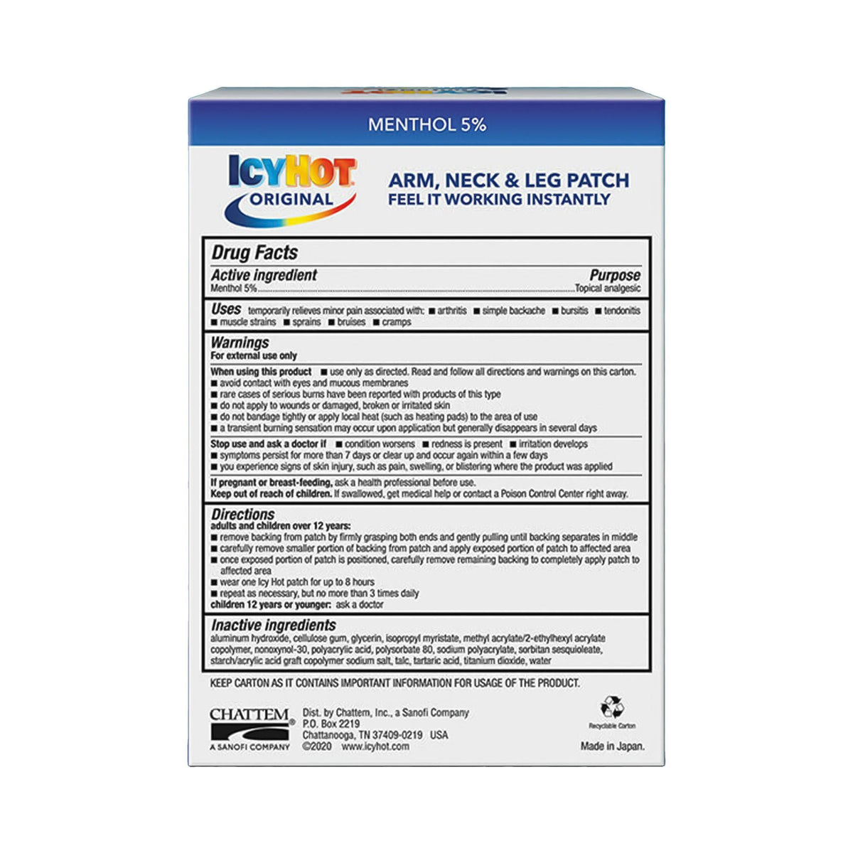 Icy Hot Original Pain Relief Patch, Menthol 5%, Large - 41167004843 - LL Medico