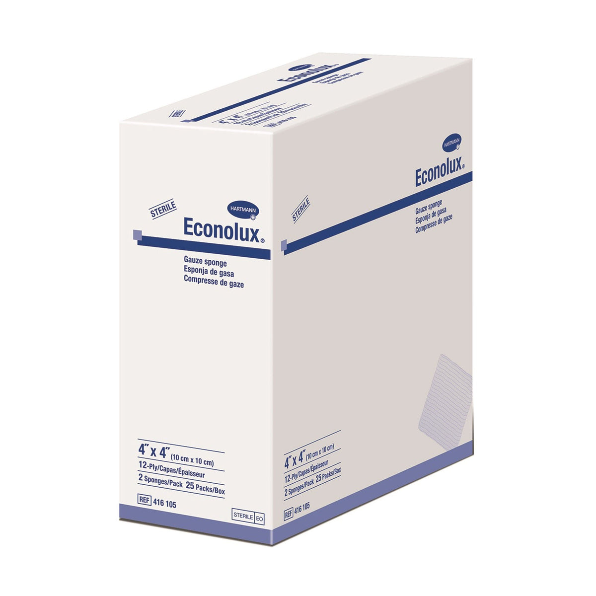 Econolux Gauze Sponge, Sterile, 4 x 4", 12-Ply, Cotton, White - 416105-Box - LL Medico