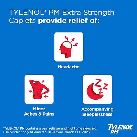 Tylenol PM Extra Strength Pain Reliever & Sleep Aid Caplets, 500 mg Acetaminophen - LL Medico