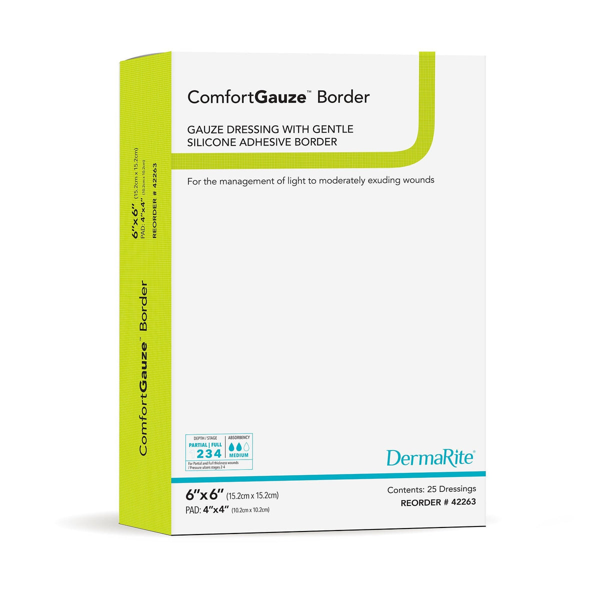 ComfortGauze Island Dressing, Silicone Border, 6 x 6", White, Gauze, Sterile - 42263-Single - LL Medico