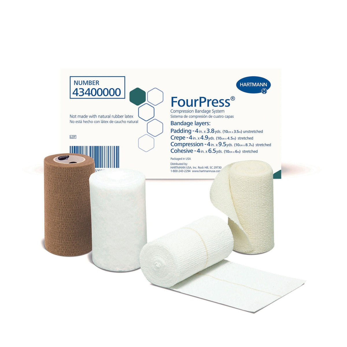FourPress 4-Layer Compression Bandage System, Self-Adherent - Tape Closure, 4" x 3.8 yd - 4" x 4.9 yd - 4" x 9.5 yd - 4" x 6.5 yd, Tan/White, Cotton/Elastic, NonSterile, 30 to 40 mmHg - 43400000-Single - LL Medico