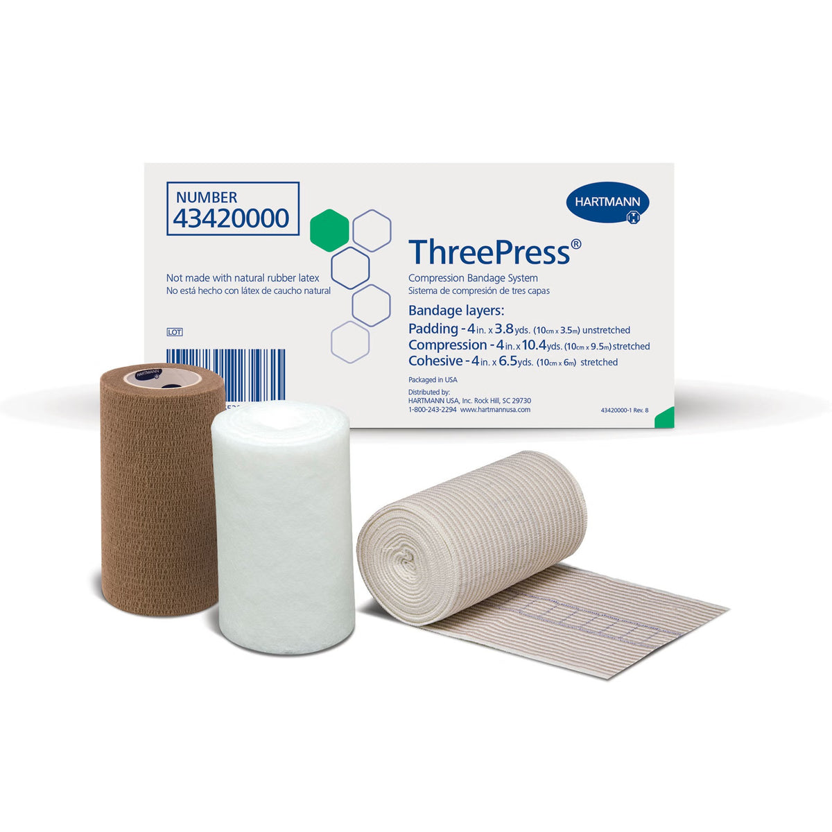 ThreePress 3-Layer Compression Bandage System, Self-Adherent Closure, 4" x 3.3 Yard - 4" x 9.6 Yard - 4" x 6.5 Yard, Tan / White, Foam / Elastic, NonSterile, 35 to 40 mmHg - 43420000-Single - LL Medico