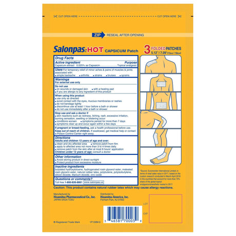 Salonpas Hot Capsaicin Pain Relieving Patch, Topical Analgesic