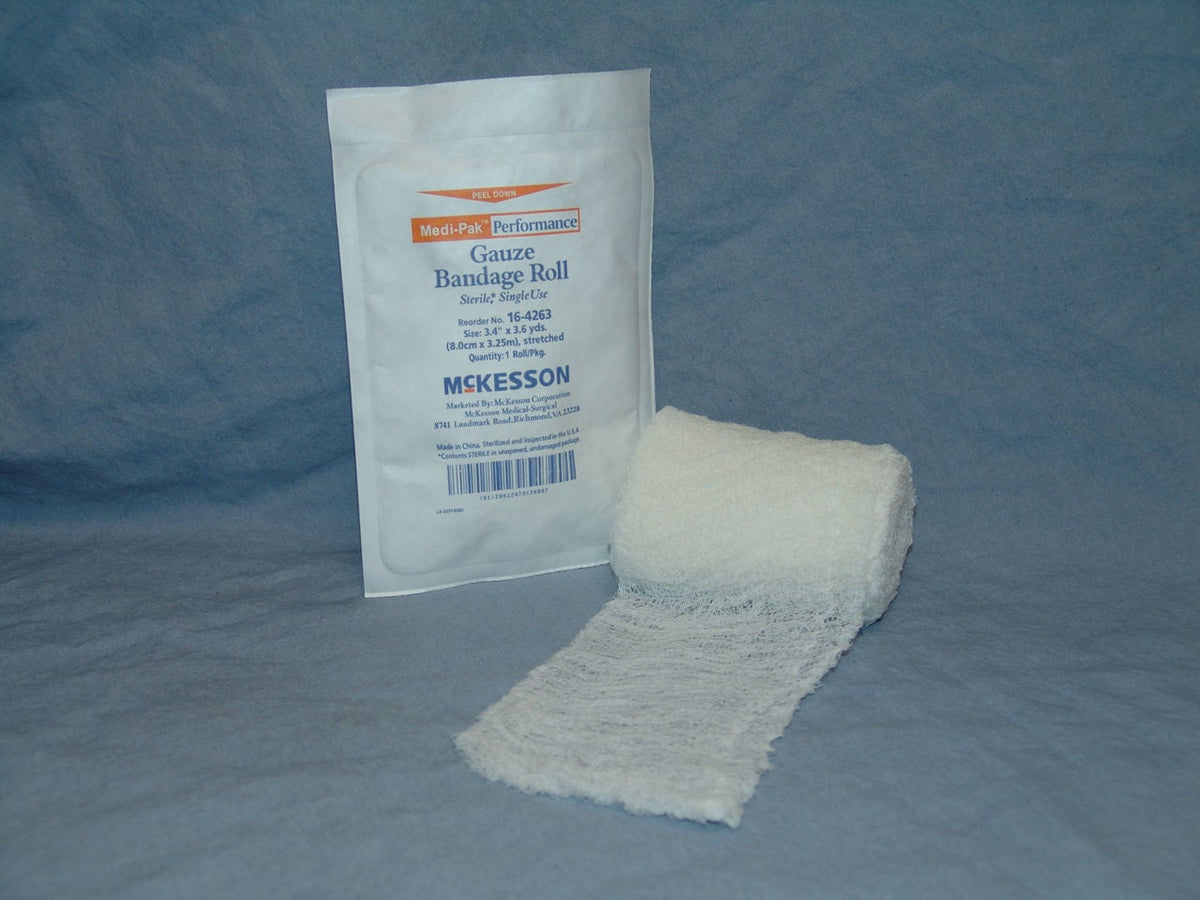 McKesson Gauze Bandage Roll Sterile, 6-Ply, 100% Cotton, 3.4 In x 3.6 Yds - 16-4263 - LL Medico