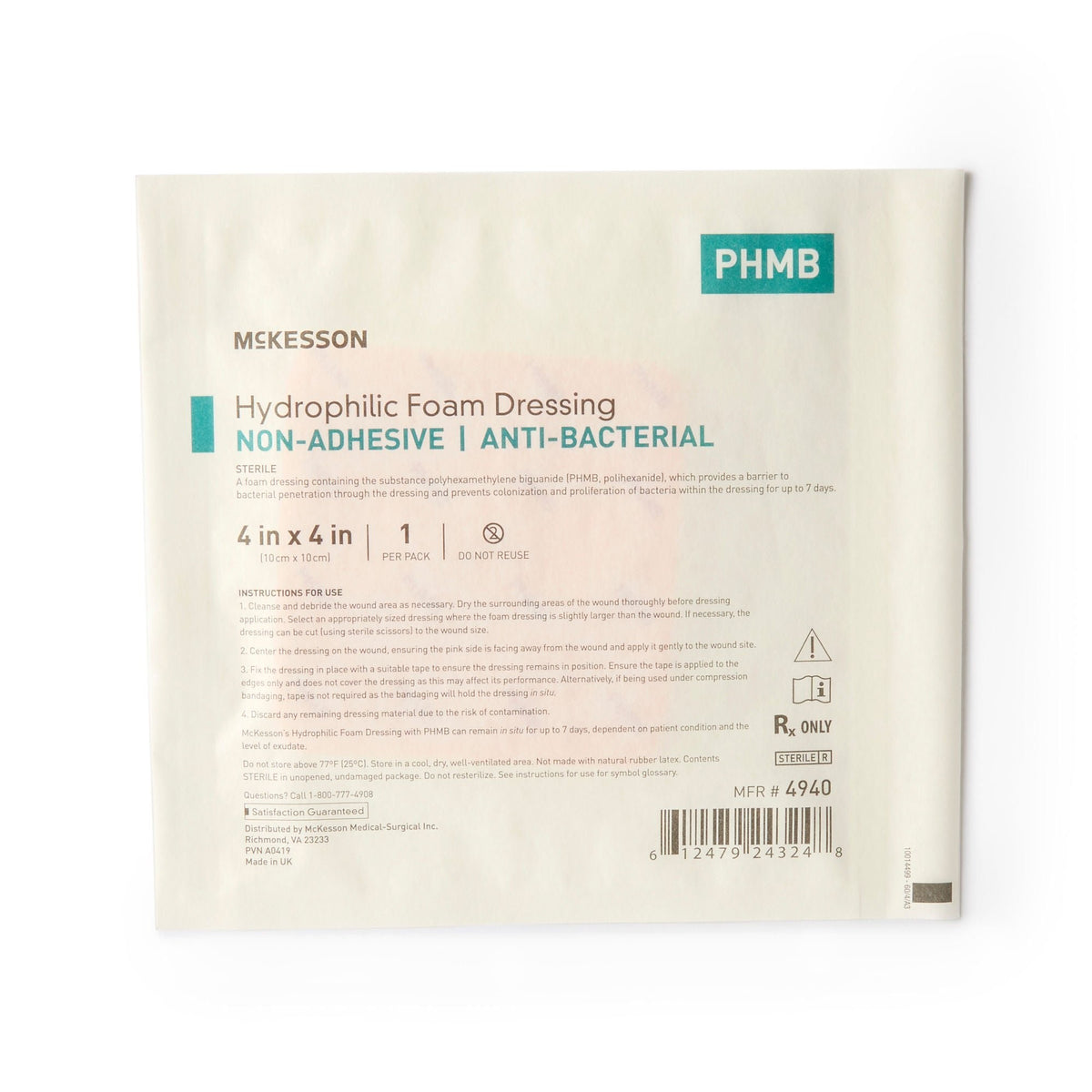 McKesson Antibacterial Foam Dressing, 4 x 4", Nonadhesive Square, Waterproof Film Backing, Hydrophilic Polyurethane Foam, Pink, Sterile - 4940 - LL Medico