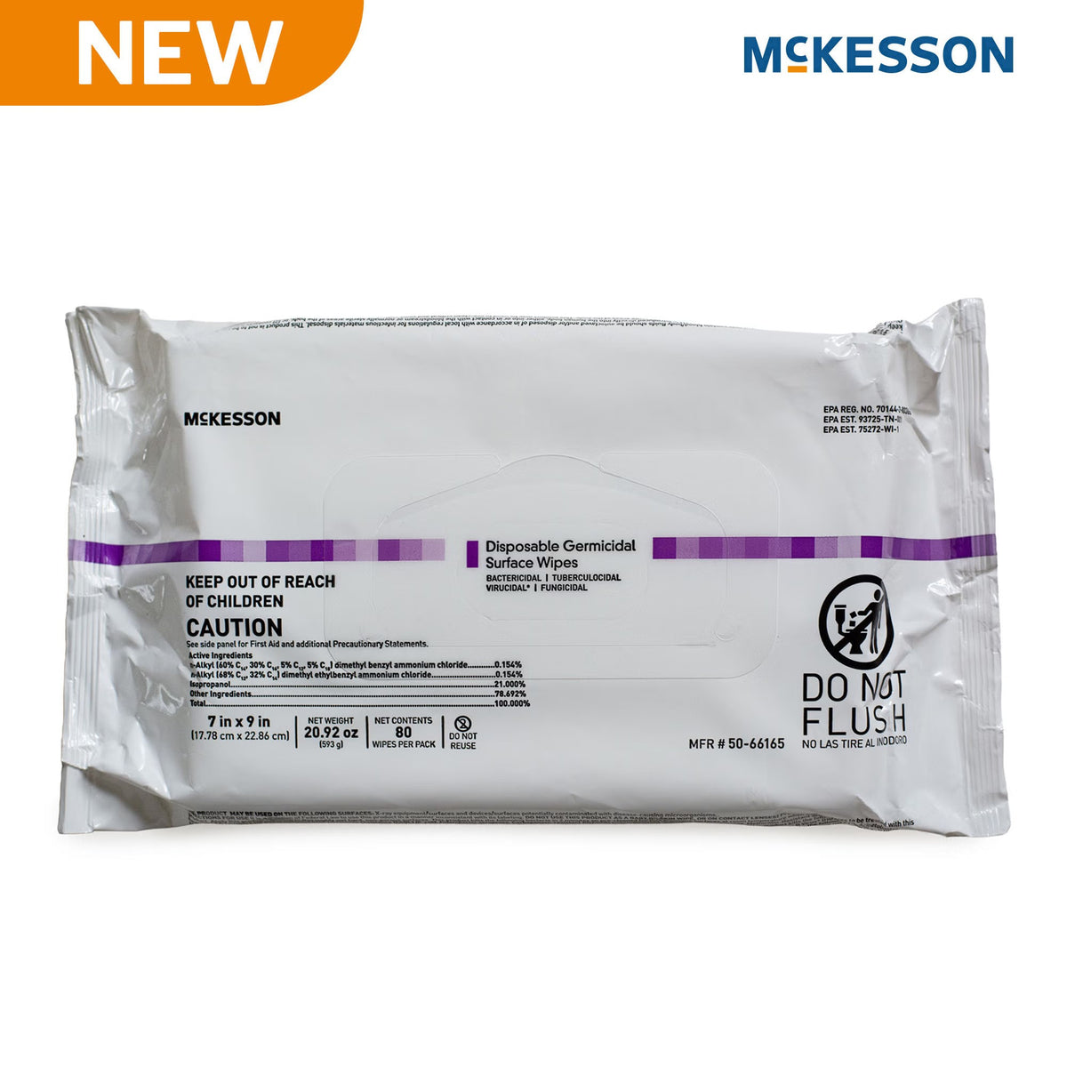 McKesson Premoistened Germicidal Wipe, Surface Disinfectant Cleaner, 7 x 9", Alcohol Scent, Nonsterile - 50-66165 - LL Medico
