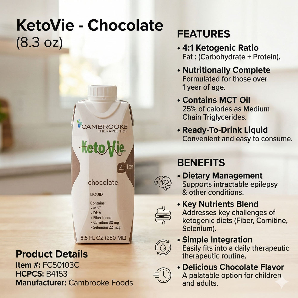 KetoVie 4:1 Ketogenic Oral Supplement, Chocolate, 8.5 oz