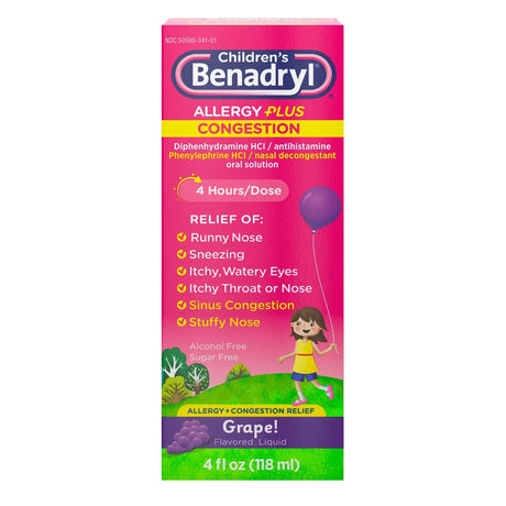 Children's Benadryl Allergy Plus Congestion Liquid, Grape Flavor, 12.5 mg-5 mg, 4 oz - 50580034101 - LL Medico