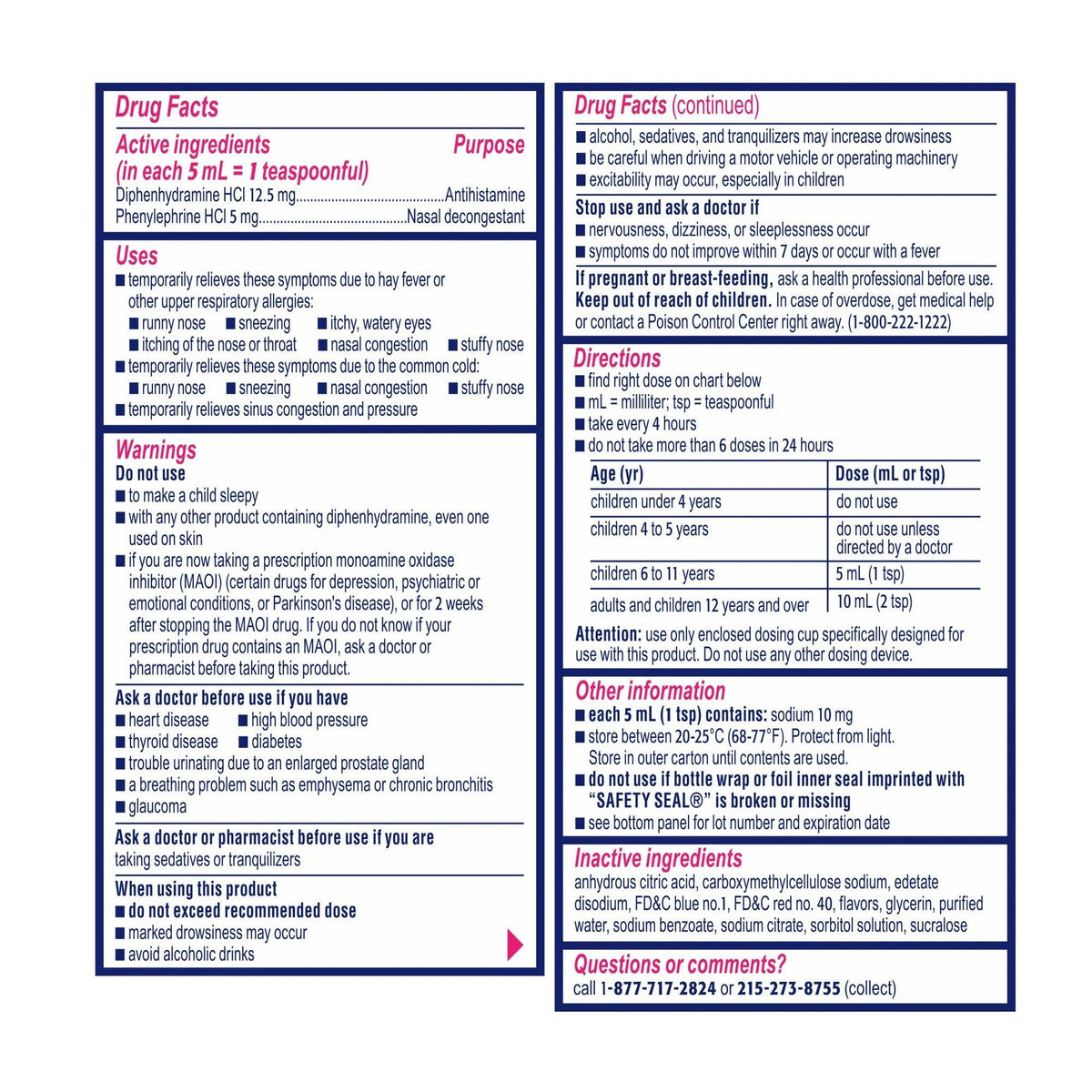 Children's Benadryl Allergy Plus Congestion Liquid, Grape Flavor, 12.5 mg-5 mg, 4 oz - 50580034101 - LL Medico