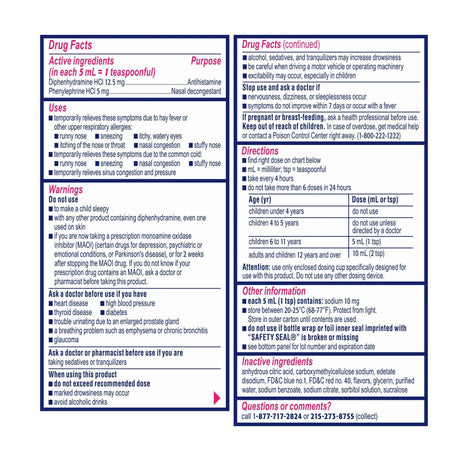 Children's Benadryl Allergy Plus Congestion Liquid, Grape Flavor, 12.5 mg-5 mg, 4 oz - 50580034101 - LL Medico