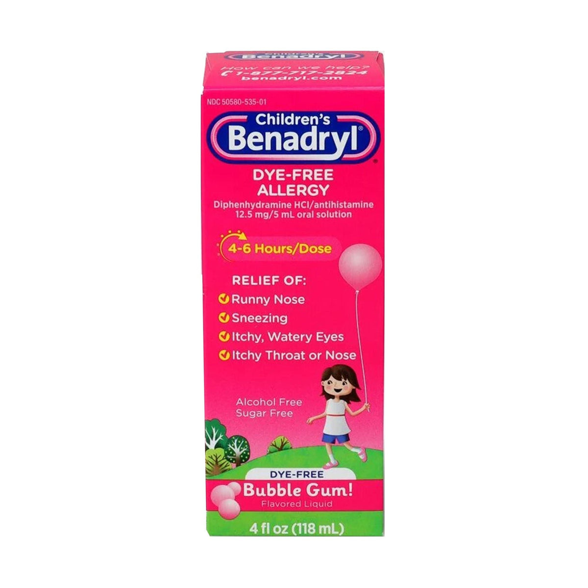 Children's Benadryl Allergy Relief Liquid, Diphenhydramine HCl 12.5 mg, Bubble Gum - 50580053501 - LL Medico