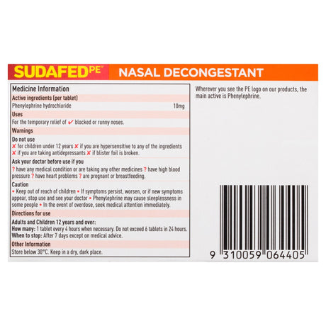 Sudafed PE Nasal Decongestant, Phenylephrine HCl 10 mg, Tablet