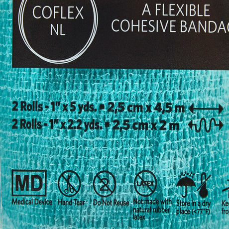 CoFlex NL Cohesive Bandage, Self-Adherent Closure, Teal Blue White Purple Green, Elastic, Nonsterile, 5 Yard - LL Medico