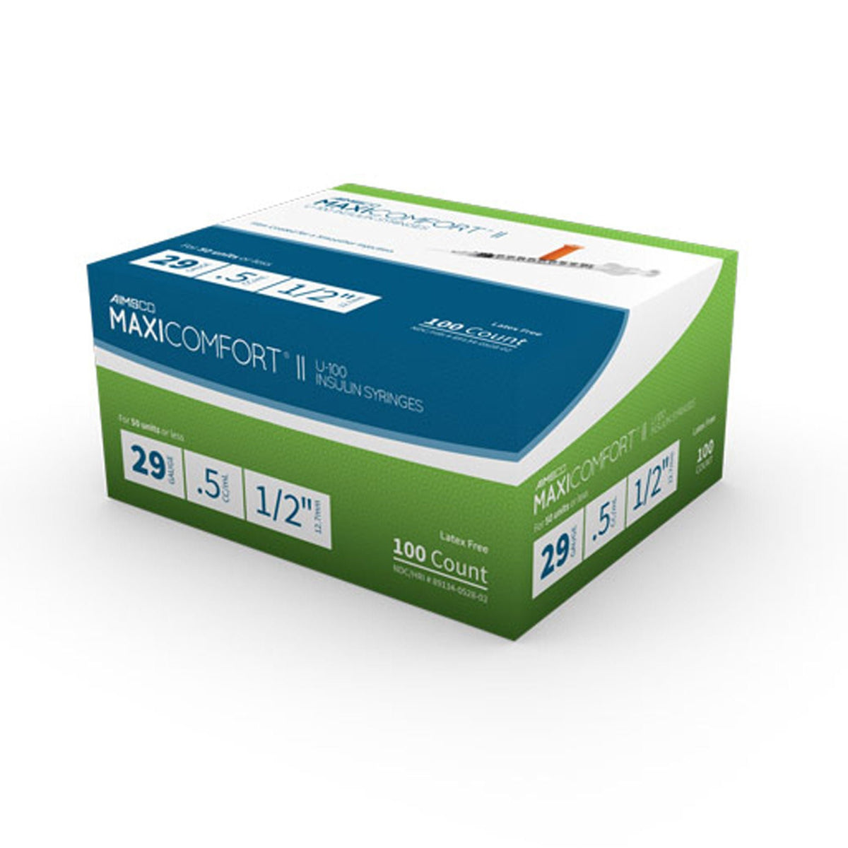 AIMSCO MaxiComfort II Insulin Syringe with Needle, 0.5 mL, 29 Gauge, 0.5", Sterile - 528 - LL Medico