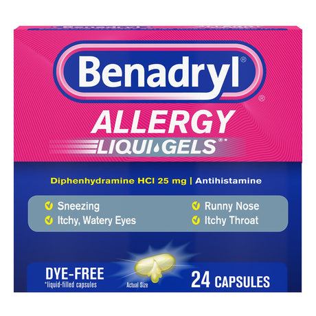 Benadryl Allergy Liqui-Gels, Dye Free, 25 mg Diphenhydramine HCl - 531702100 - LL Medico