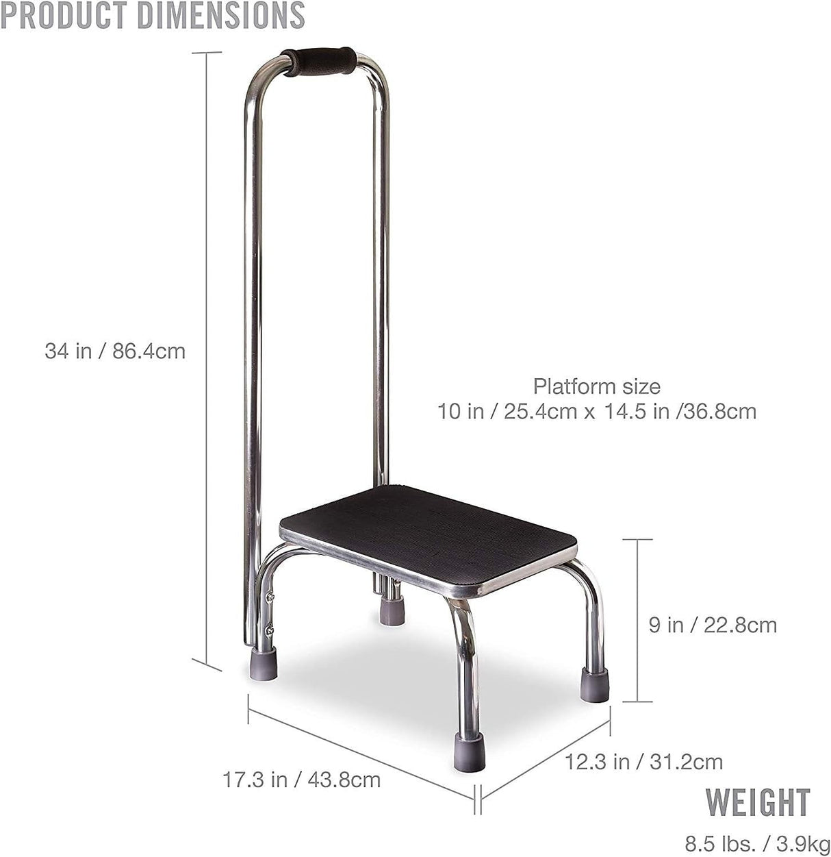Step Stool with Handrail Mabis DMI 1 Step Chrome Plated Steel Frame 9-1/2 Inch Step Height