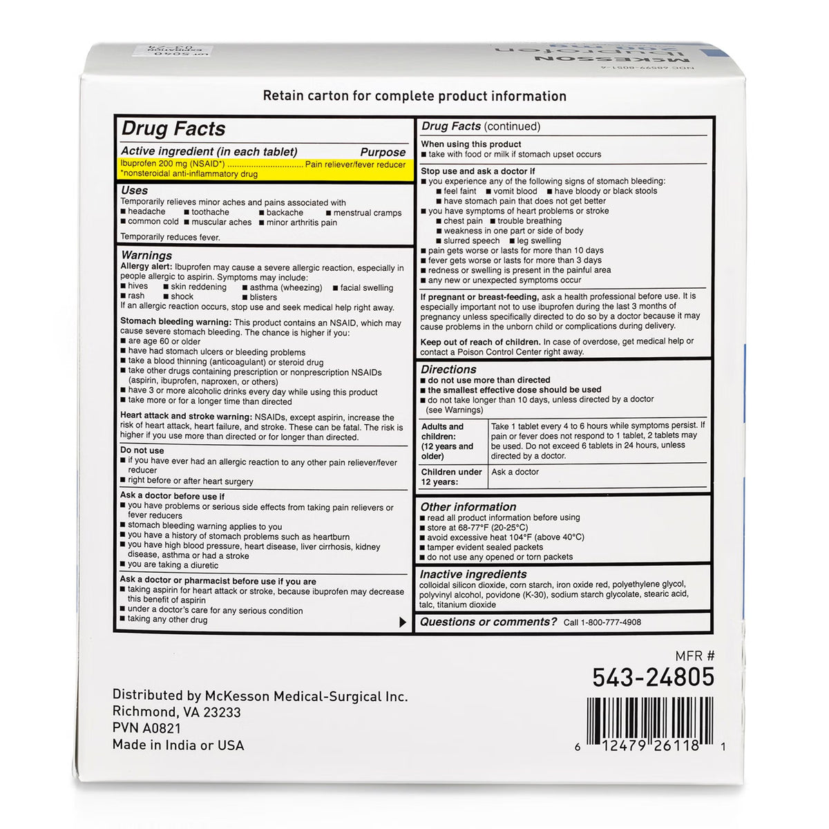 McKesson Ibuprofen Pain Relief, 200 mg, Unit Dose Tablet - 543-24805 - LL Medico