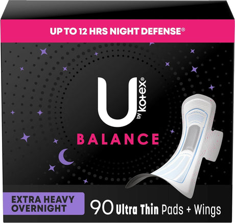 U by Kotex Balance Overnight Ultra Thin Pads with Wings, Unscented