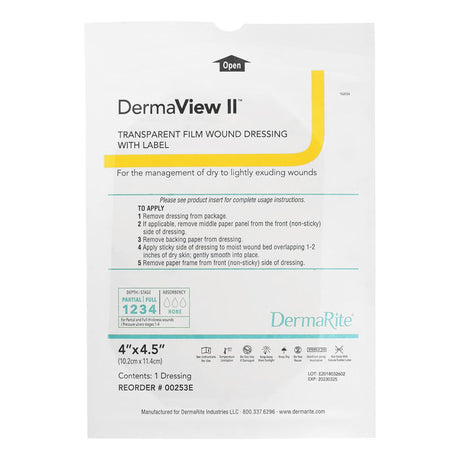 DermaRite DermaView II Transparent Film Dressing, Rectangle, Sterile — 4" x 4.5"