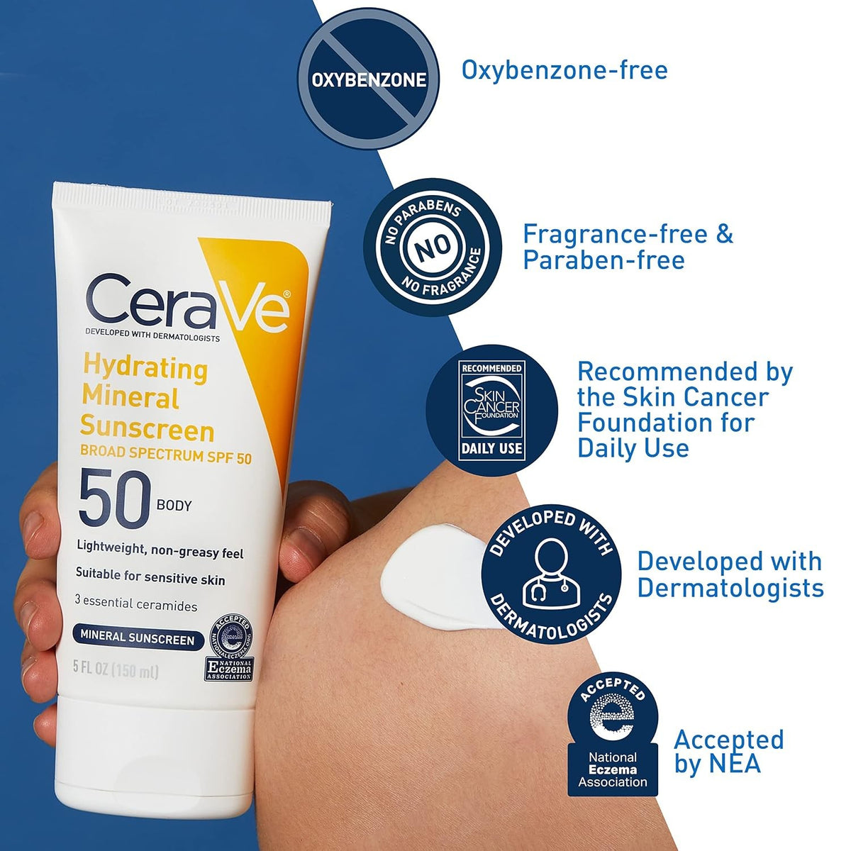 CeraVe Hydrating Mineral Sunscreen Body SPF 50 Lotion, Unscented, 5 fl oz