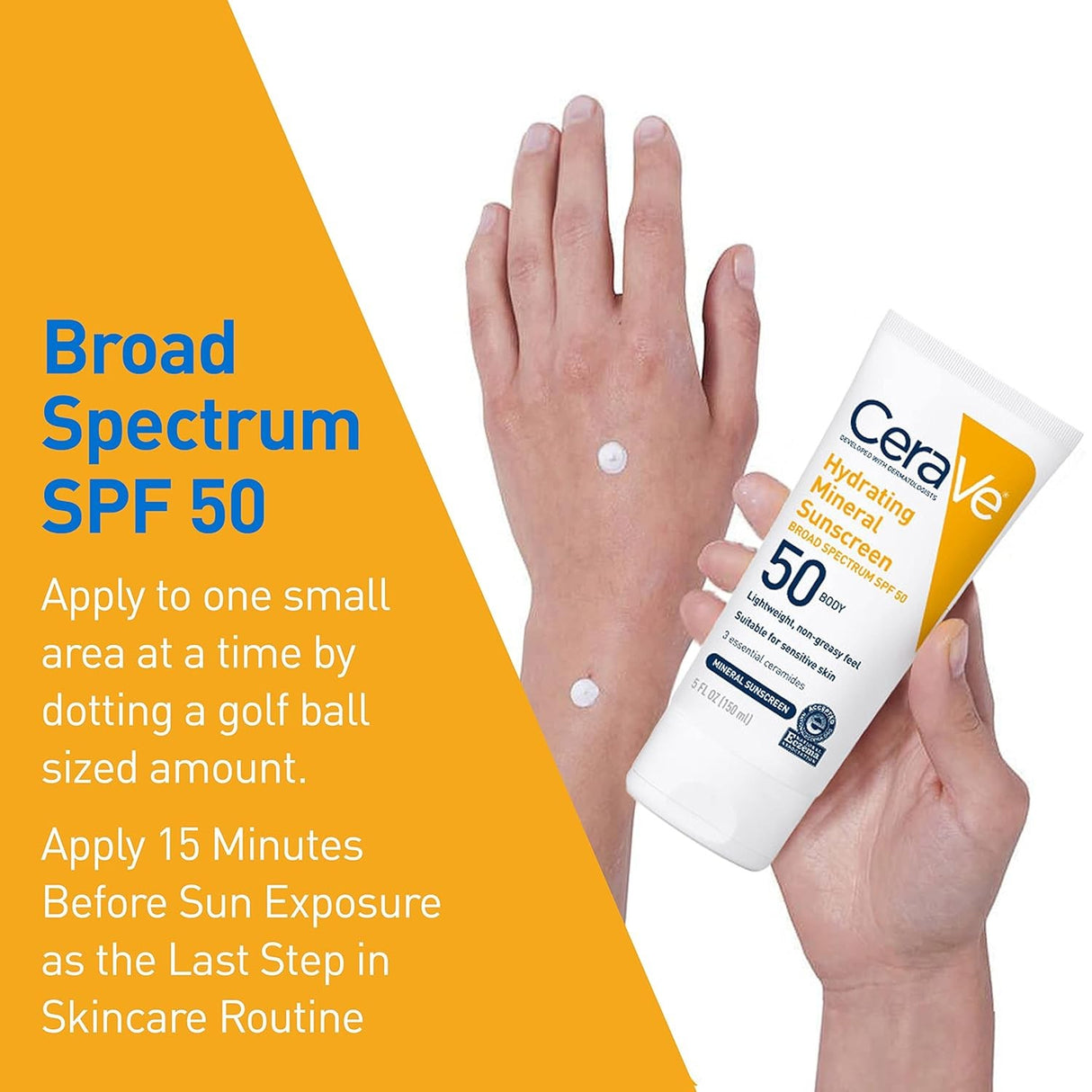 CeraVe Hydrating Mineral Sunscreen Body SPF 50 Lotion, Unscented, 5 fl oz